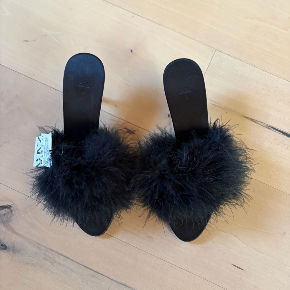 Zara Black Feathered Mules